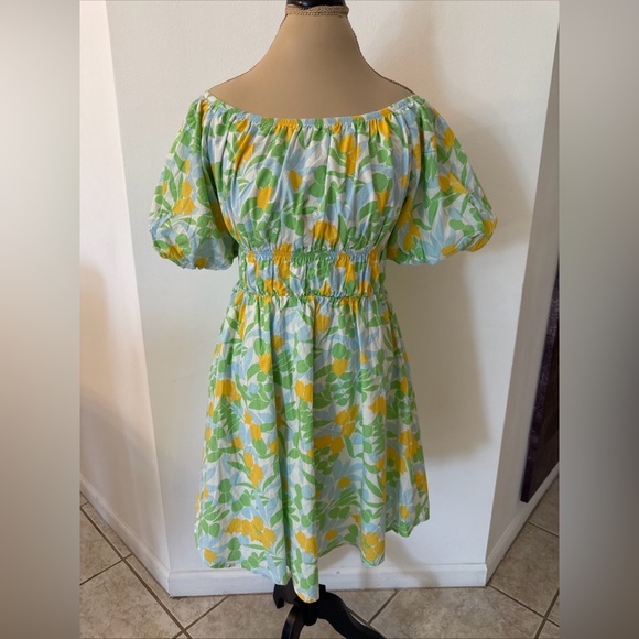 Green and Yellow Ruched Off-Shoulder Midi Sundress - Picture 1 of 15